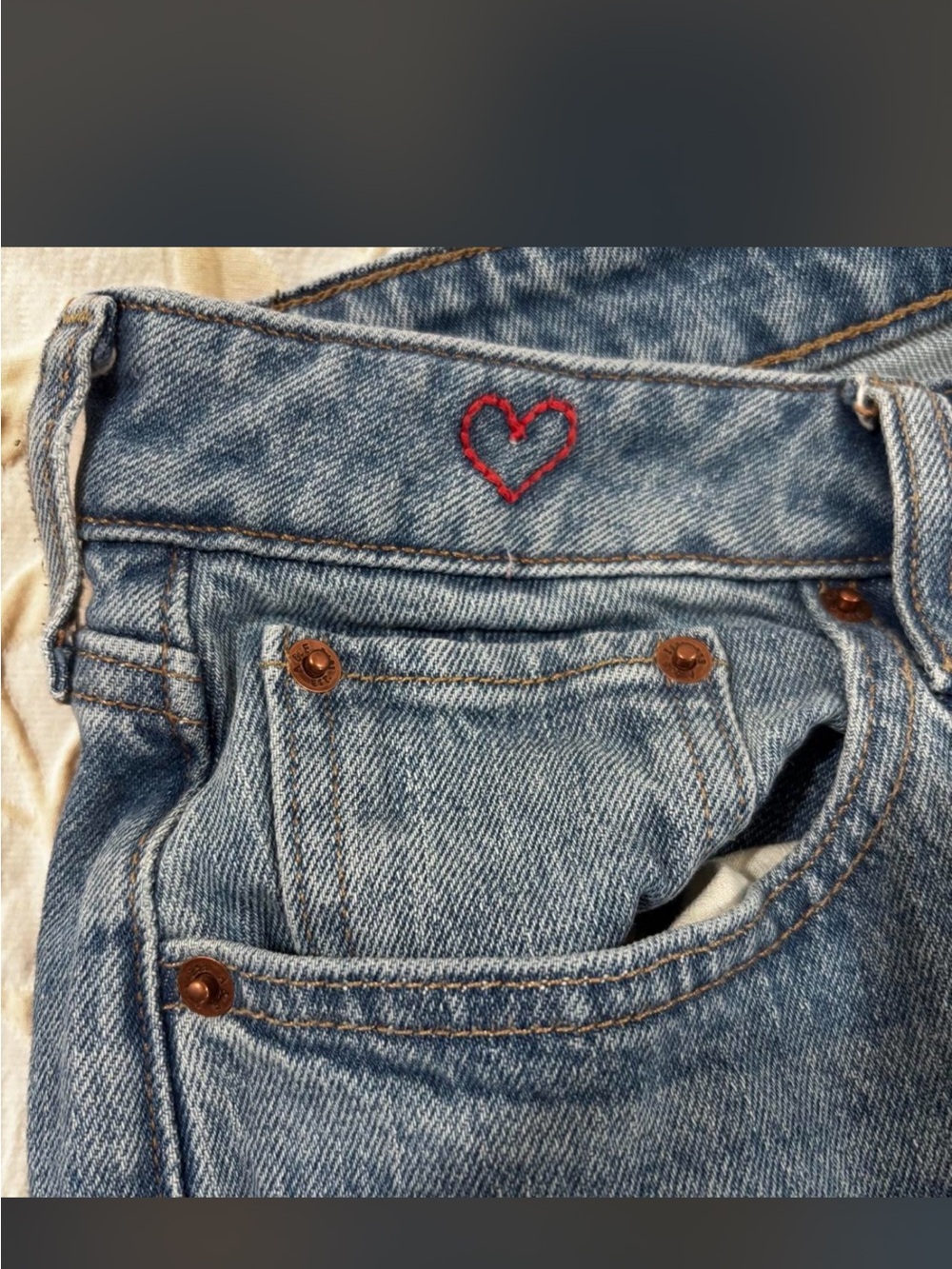 Abercrombie & Fitch Blue Boot Cut Jeans with Red Heart Embroidery